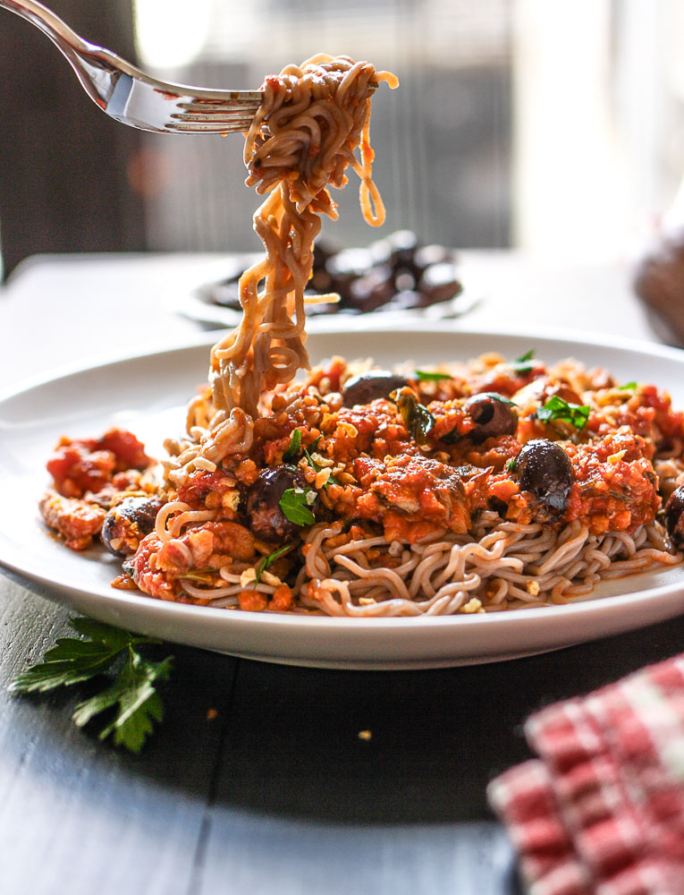 paleo pasta with sardines, anchovies, and bread crumbs